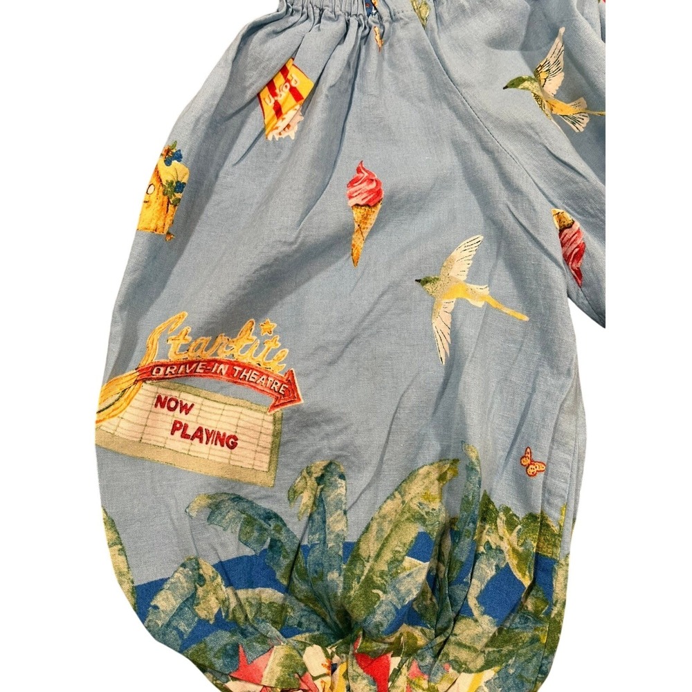Christian Siriano New York Blue Retro Drive-In Print Off Shoulder Linen Top S - Picture 6 of 8